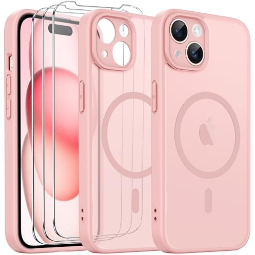 Cover Magnetica per iPhone 15 6,1 Pollici, con 3 Pezzi Vetro Temperato Pellicola Protettiva e Strumento di Installazione Facile, Compatibile con MagSafe, Custodia Traslucida Opaca - Rosa Chiaro