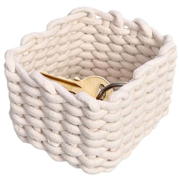 Paniers de rangement en corde de coton, boîte de rangement tissée, 18 x 14 cm, design pliable pour économiser de l'espace et style décoratif neutre, boîtes en corde pour salle de bain, placard