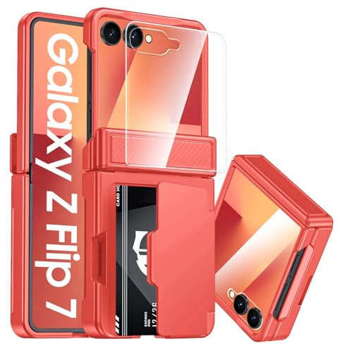 CENMASO for Samsung Galaxy Z Flip 7 Case with Card Holder, [RFID Blocking] Built-in Hinge Protection & Screen Protector, Shockproof Protection Case for Galaxy Z Flip 7-Coral Red (Not for 7 FE)