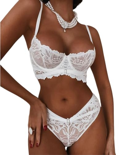 Women's Sexy Lace Lingerie Set 2 Pieces Underwired Bra and Panty Set | Push Up See-Through Underwear, Low Waisted Criss Cross Knickers, Elegant Babydoll Nightwear Hot Sleepwear Valentines Outfit