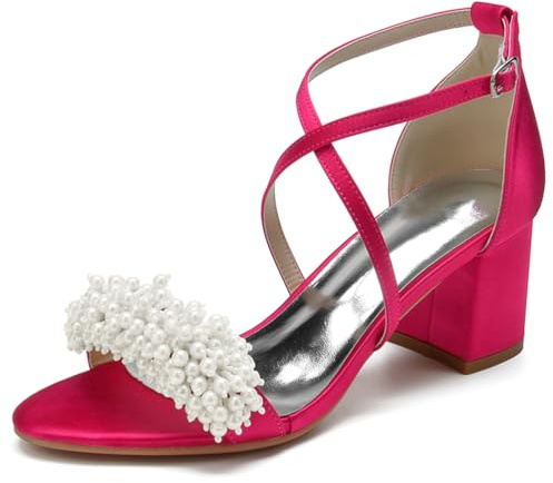 JMdfcqer Pearls Strappy Heels for Women Low Chunky Block Heel Cross Strap Heeled Sandals for Wedding Work Party Dress,Fuchsia,2 UK