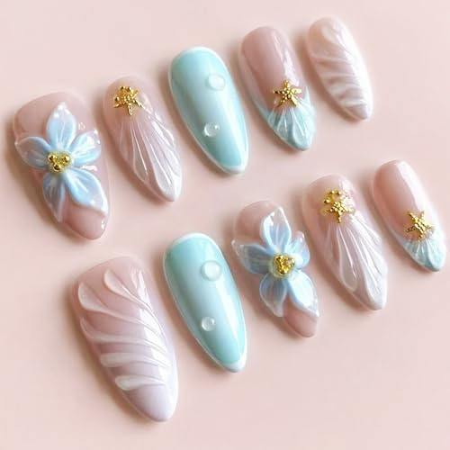 Nail Stickers - Homiladi 24 Pcs Press On Nails | Medium Almond False Nails with Blue Floral French Tip | 3D Starfish & Waves Summer Beach Design, Reusable Fake Nails Women Nail Art Accessories