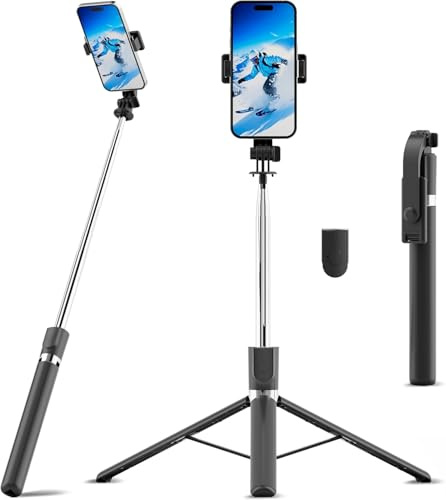Palo Selfie Trípode Móvil, Trípode Extensible para Teléfono de 170 CM con Control Remoto, Soporte Movil Giratorio de 2 Eje de 360°, Palo Selfie para Movil Compacto Portátil Compatible con iOS Android
