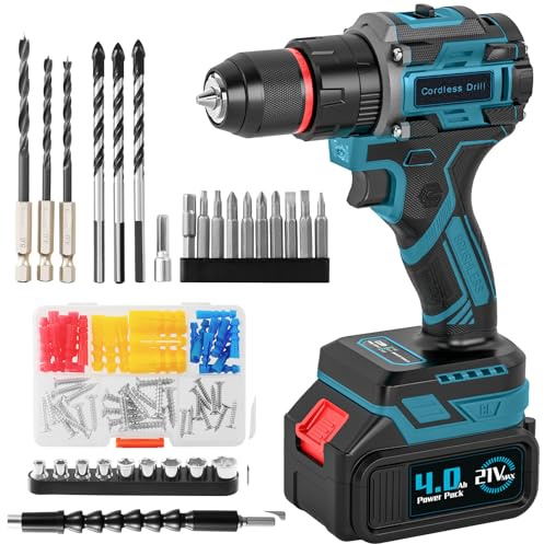 Brushless Cordless Hammer Drill Set with 4.0Ah Large Battery, 21V Impact Drill Driver and Screwdriver Set, 25+3, 10mm Heavy Duty Chuck, 2 Speed 87 Accessories Power Combi Battery Drill kit for DIY