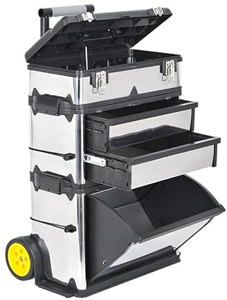 Wheeled Tool Box with Stackable Boxes and Lockable Cover - Large Toolbox on Wheels with Removable Tray - Secure Rolling Tool Box for Easy Organisation