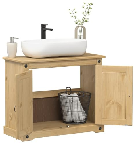 HaoChrymec Mobile Base Lavabo In Legno Massello Di Pino Con Finitura A Cera Color Miele, Armadietto Da Bagno Rustico Con Ante E Maniglie In Metallo, Mobile Bagno Salvaspazio 73x33x60 cm