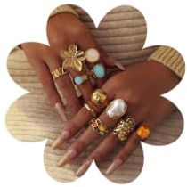Dermalyx 11 Stück Stilvolle Goldene Ringe für Frauen Nicht Anlaufend Barockperle Blume Tigerauge Stein Ringe Verstellbar Stapelring Set Modischer Schmuck