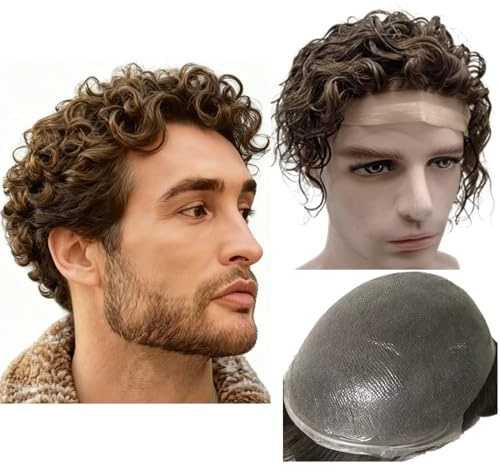Toupee for mens wig Human Hair Pieces 10mm Spanish curly wave hair replacemnt system in 10x8 base size 6 length Vloop 0.04mm PU Thin skin hair prosthesis units patch for man #4 Light brown color