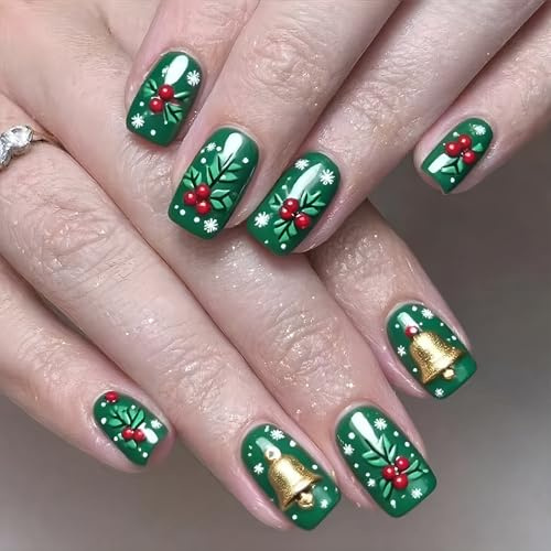 Lot de 24 faux ongles de Noël en ABS pour fêtes et rassemblements Motif flocon de neige Vert