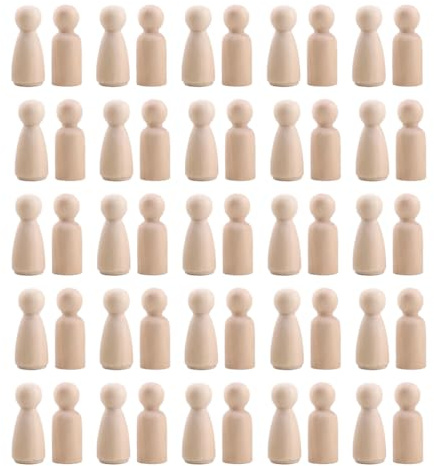 NYVOR Träfigurer för målning, 50 stycken gör-det-själv-figurer att måla, knåp, tårtfigur, figurkoner, oavslutade naturliga träfigurer, familj, figurer för födelsedag, jul, bröllop, dekoration
