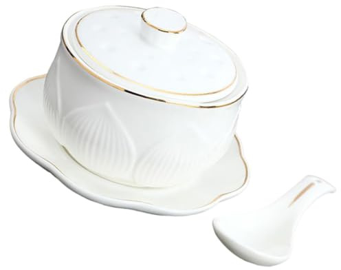 Holibanna Set 1 Pezzo Zuppiera in Ceramica Bianca con Coperchio e Cucchiaio, Ciotola Elegante per Cucina Facile da Pulire, per Preparare Zuppe e Stufati