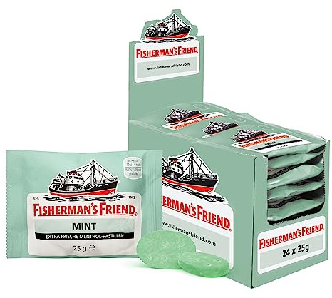 Fisherman's Friend Mint, 24er Vorratsbox, Pfefferminze und Menthol Geschmack, mit Zucker & vegan, Bonbons für frischen Atem, 24 x 25g