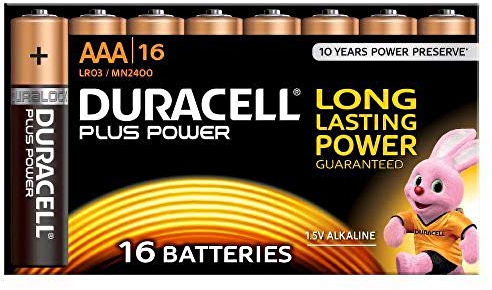 Duracell MN2400 Plus Power Alkaline AAA Size Batteries, 16 Batteries, black