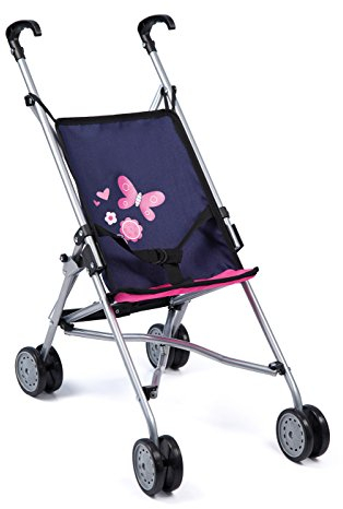 Bayer Design 30113AA Puppenbuggy, Puppenwagen, Doppelräder, Gurt, leicht faltbar, aus Metall, Blau/Pink