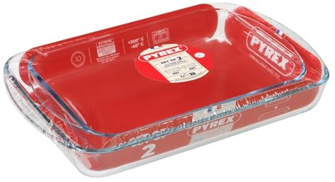 Pyrex Lot de 2 Plats rectangulaires Classiques en Verre pour Cuisson au Four, pâtisserie, rôti