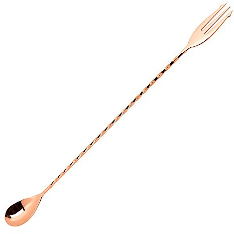Copper Bar Spoon with Fork 32cm - Twisted Stem Long Cocktail Spoon with a Forked End
