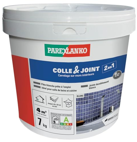 Parexlanko - Colle carrelage et joint en pâte - Colle & Joint 2 en 1 - Blanc - Pour mur intérieur - Spécial pièces humides - Prête à l’emploi - 7kg | Colle et joint en pâte - Prête à l’emploi - Pour mur intérieur - Spéciale pièces humides - Application facile