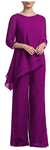 2 PC Chiffon Madre della Sposa Pantaloni Vestito Prom Abito Da Sera Vestito Da Donna Abiti Casual Wear, Fucsia, 48