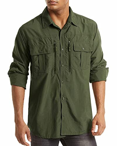 MAGCOMSEN Safarihemden für Herren UPF 50+ Outdoor Hemden Lange Ärmel Wanderhemd Herren Atmungsaktiv Sporthemd Shirt Leicht Funktionshemd Schnelltrocknend Tropenhemd Armeegrün L