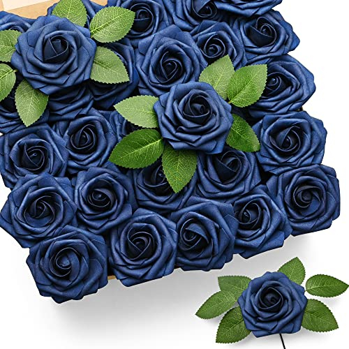 Mocoosy 50Pcs Rosen künstliche Blumen,Marineblaue Gefälschte Rose für Dekorationen,Realistische Blue Foam Rose Masse mit Stiel für DIY Hochzeitsstrauß Herzstück Blumen Arrangement Party Heimdekoration