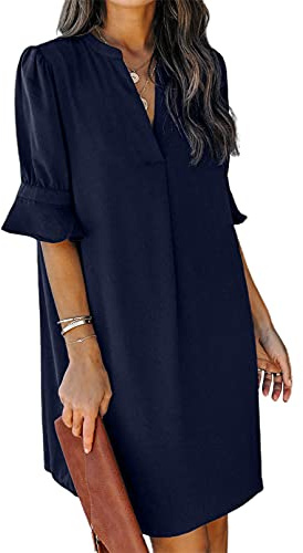 QACOHU Summer Dresses for Womens 2026 V-Neck Short Sleeve Breathable Soft Skin-Friendly Comfortable Tunic Dress Blue L