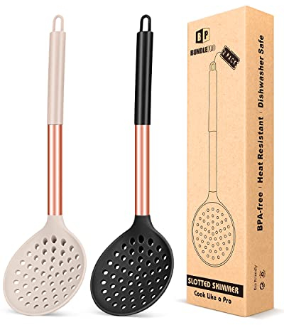 Küchenkelle, Sieb, Set mit 2 großen Schlitzlöffeln mit hoher Hitzebeständigkeit, BPA-frei, antihaftbeschichtet, Kochabschäumer zum Abtropfen und Braten
