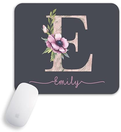 Personalised Name & Initial Mouse Pad Grey Pink Floral Mouse Mat PC Computer Desk Accessories Office Gift Gaming Mousemat Mousepad Rectangle Round -RECTANGLE