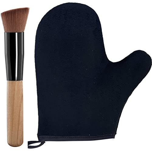 2 Piece Self Tanning Mitt Applicator Set, 1 Self Tanning Glove and 1 Self Tanner Brush, Tan Mitt for Self Tan Fake Bake Sunless Tan (Black)