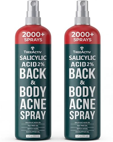 TreeActiv Salicylic Acid Back & Body Acne Spray, Fine Mist Back Spray for Bacne & Chest Acne, Tea Tree + Eucalyptus, Fast-Drying Non-Staining, 4 fl oz (2-Pack, 8 fl oz Total)
