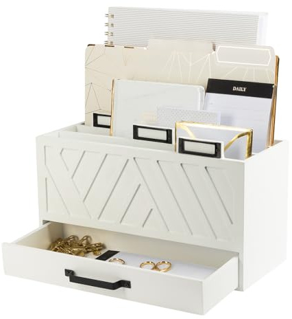Blu Monaco Weißer Schreibtisch-Post-Organizer – dreistöckig mit goldenen Etikettenhaltern und Schublade – stilvoller Briefhalter und Dokumentenaufbewahrung für Zuhause oder Büro