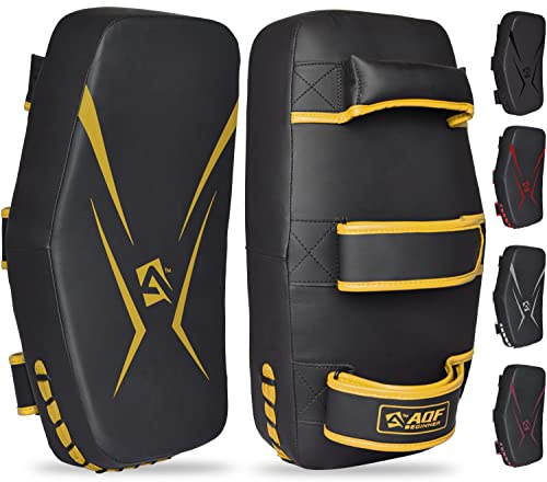 AQF thailändska pads för Kickboxing Muay Thai Pad med fast handtag grepp, Maya hide Leather Curved Strike Sköld för boxning MMA Martial Arts Taekwondo, Training Sports (Ena, Guld)