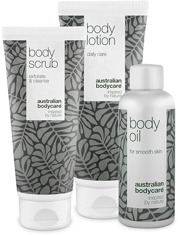 Das 3-teilige Teebaumöl-Set zur Reduktion von Schwangerschaftsstreifen und Narben besteht aus dem Body Scrub (200ml), dem Body Oil (150ml) und der Lotion (200ml) | Vegan | Dermatologisch getestet
