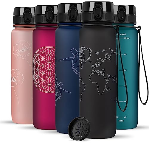 720°DGREE Trinkflasche 1l mit Motiv “uberBottle“ +Sieb - Auslaufsicher, Leicht, BPA-Frei, Bruchsicher - Wasserflasche für Uni, Sport, Fitness, Fahrrad, Outdoor - Mehrweg Tritan Sportflasche - Schwarz