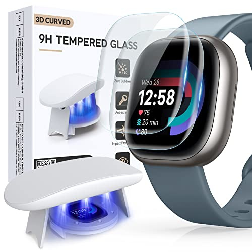 Flokinice 3 Stück Schutzfolie Kompatibel mit Fitbit Versa 4 / Versa 3 / Sense 2 / Sense, 9H Härte Kratzfest Schutzglas vollständige Abdeckung HD Glasfoile für Fitbit Watch