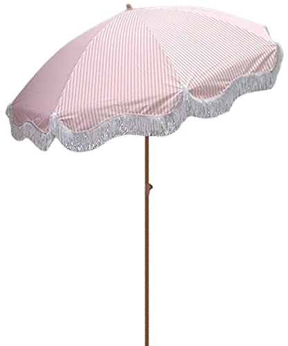 CHEVVY Rosa Weiß Gestreifter Sonnenschirm, Φ1.8m Gartenschirm, Strandschirm, Terrassenschirm - Mit Quaste, Neigbar/faltbar/höhenverstellbar, Tragbarer Outdoor-Tischschirm, Ohne Fuß