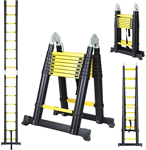 Ansobea Teleskopleiter 5m(2.5m+2.5m) mit Abnehmbarem Haken, Aluminium Klappleiter Ausziehbar, Mehrzweckleiter Teleskopleitern, Belastung 150 kg, Schwarz Gelb