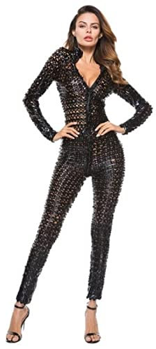 SHANHE Catsuit de Cuero con Entrepierna Abierta y Cremallera Brillante Sexy para Mujer por Debajo del Pecho sin Entrepierna