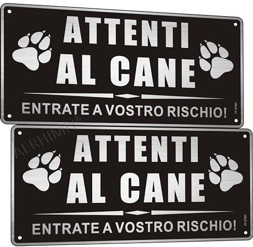 Cartello Attenti Al Cane Alluminio Spazzolato 15x30cm, Attenti al Cane Metallo, Protezione UV, Impermeabile, Con Fori, Nero