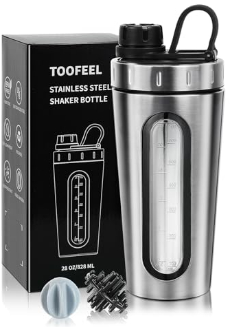 TOOFEEL Shaker Flaschen für Proteinmischungen 28 oz Protein Shaker aus Edelstahl mit 2 Mischkugeln, bleibt nicht kalt/heiß, Metall Shaker Becher mit sichtbarem Fenster, auslaufsicher