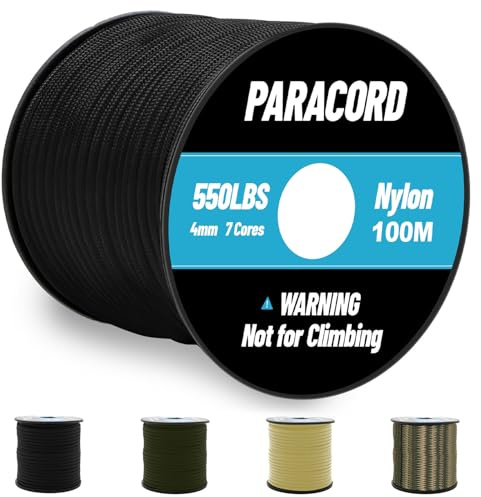 Omtofo Paracord 550 Nylonrep 100 Meter med 7-kärnig tråd Paracord 4mm Svart Fallskärmsrep Nylonrep För Armband, Snodd, Halsband, Överlevnadsrep Max 250kg