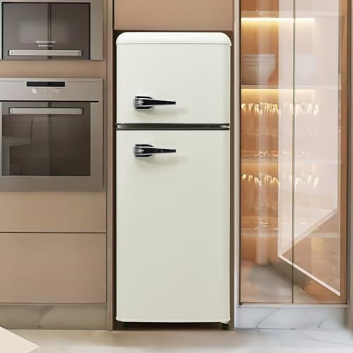 Sweiko Frigorifero retrò,Congelatore armadio illuminazione LED combinazione frigorifero congelatore, a due porte, volume totale di 92 litri con 28 litri di capacità di congelamento (Antique White)