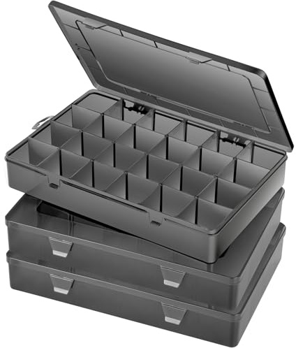 Gbivbe 3 Piezas Negro Caja de Plastico Almacenaje Organizador, Grande Cajas Organizadoras con 24 Compartimentos Ajustable, Caja Clasificadora Almacenamiento para Tornillos, Herramientas, Joyas
