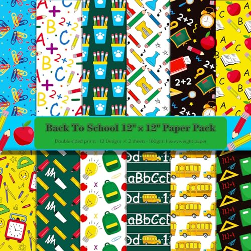 ZAKHSE Motivpapier Designpapier, 24 Blatt Schreibwaren Schule Motive Scrapbook Papier, Papierblattgröße 30x30cm, Doppelseitige Bedruckt Bastelpapier Bunt 160gsm Dekopapier für Papierkunst-12 Designs