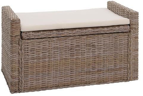 Mendler Aufbewahrungstruhe M92 - grau-braun | Truhe, Sitzbank, Garderobenbank, Kissen, Kubu Rattan, 88cm