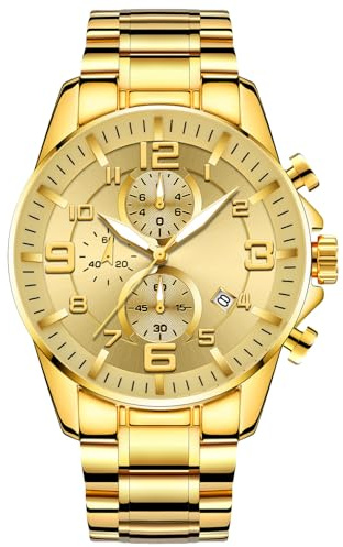RORIOS Relojes Oro Cuarzo para Hombre Reloj de Pulsera Negocios Acero Inoxidable Reloj Multifuncional Cronógrafo Reloj Luminoso Analógico