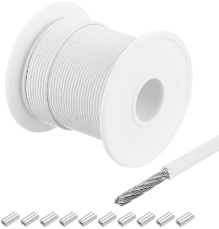 QUARKZMAN 100 Pies (30m) Cable de Acero Inoxidable 304 Recubierto de Vinilo de 3/64 (1 mm) con 10 Piezas Manguitos de Aluminio para Colgar Tendederos Elevación Blanco