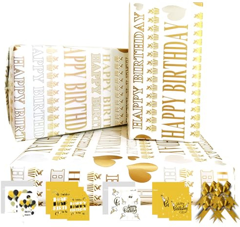 Happy Birthday Wrapping Paper Jumbo Size 85 * 60cm,4 Sheets with 4 Gold Bows,2 Birthday Cards,4 Gift Tags,Gift Wrap Pack for Girls Boys Women Men Kids