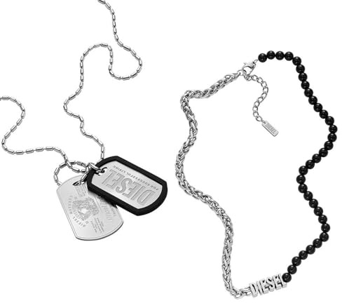 Diesel Herren Font Halskette aus silberfarbenem Edelstahl, Set