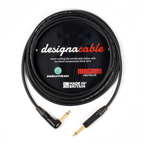designacable.com 1m - Angled to Straight Black Jack Guitar Cable - Handmade in the UK using Mogami GOLD 2524 Guitar Cable & Neutrik NP2RX-B & NP2X-B Jacks.