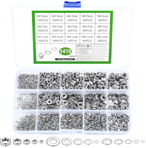 1410 Stk Edelstahl Unterlegscheiben Set & Sechskantmuttern & Edelstahl Federringe, M2 M3 M4 M5 M6 Flache Unterlegscheiben Set, Selbstsichernd Muttern, Federscheiben Sortiment Kit (Silber)